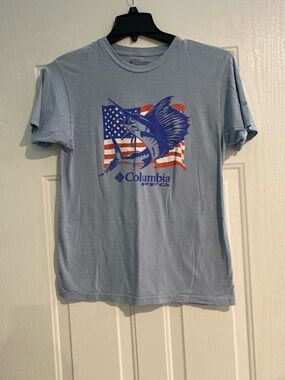 Columbia Light Blue PFG Marlin & American Flag Graphic Tee